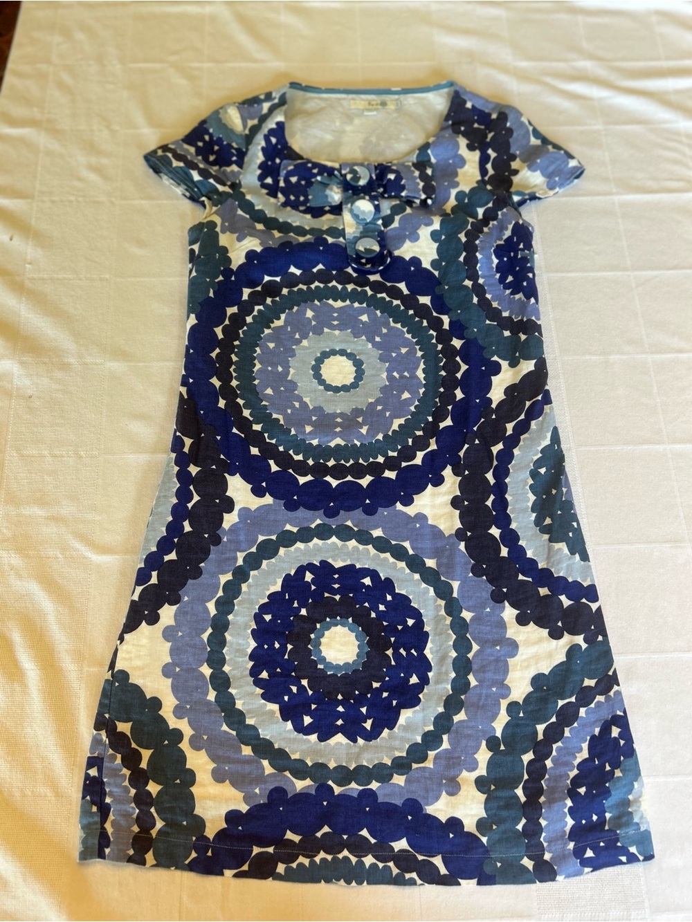 Boden Linen Shift Dress US 4 Blue Geometric Mandala Bow Button Detail